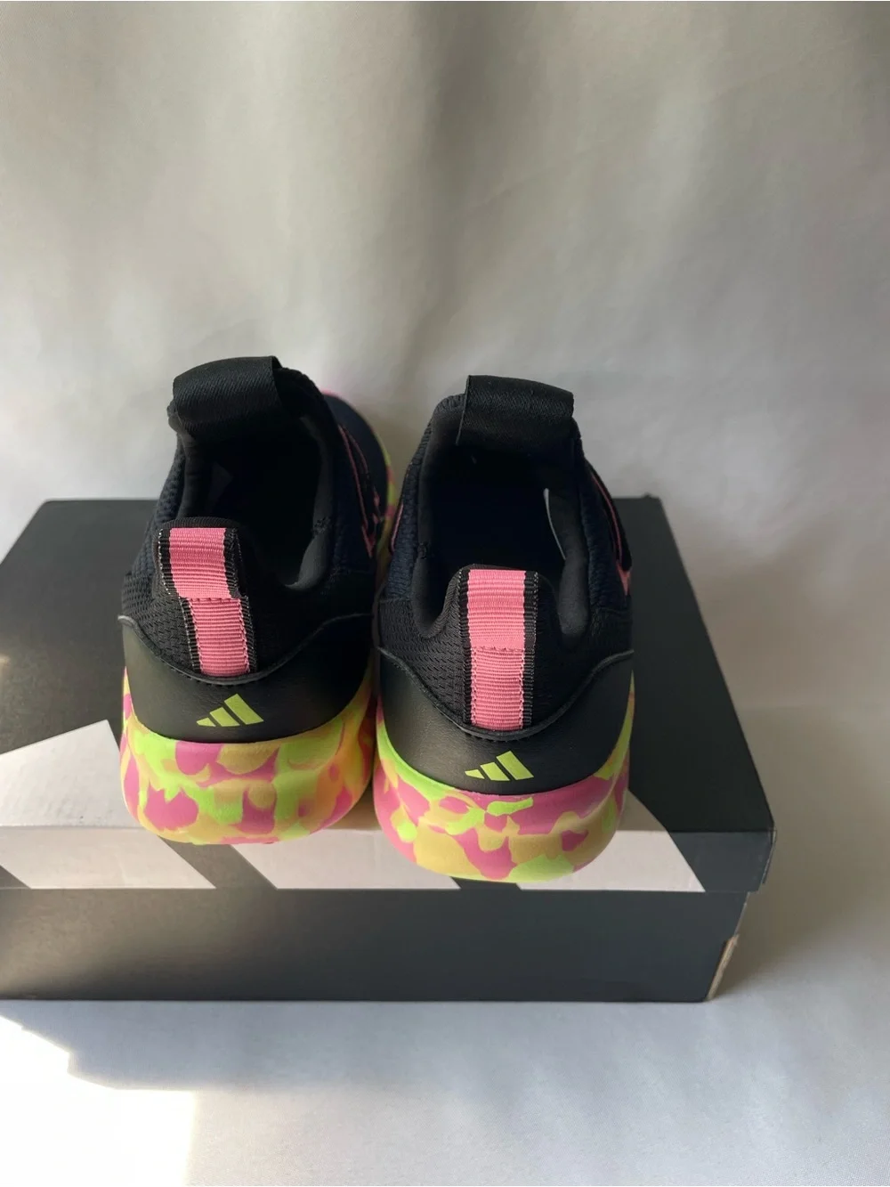 Adidas Kids Black Athletic Sneakers with Neon Pink & Yellow Sole